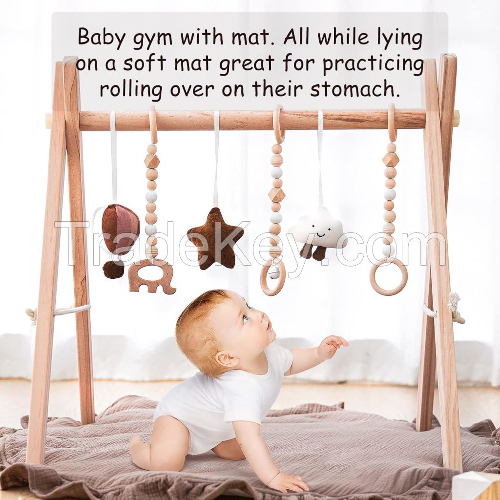 Wooden Baby Play Gym Play Mat Baby Gym with 6 Hanging Sensory Toys Foldable Baby Gym