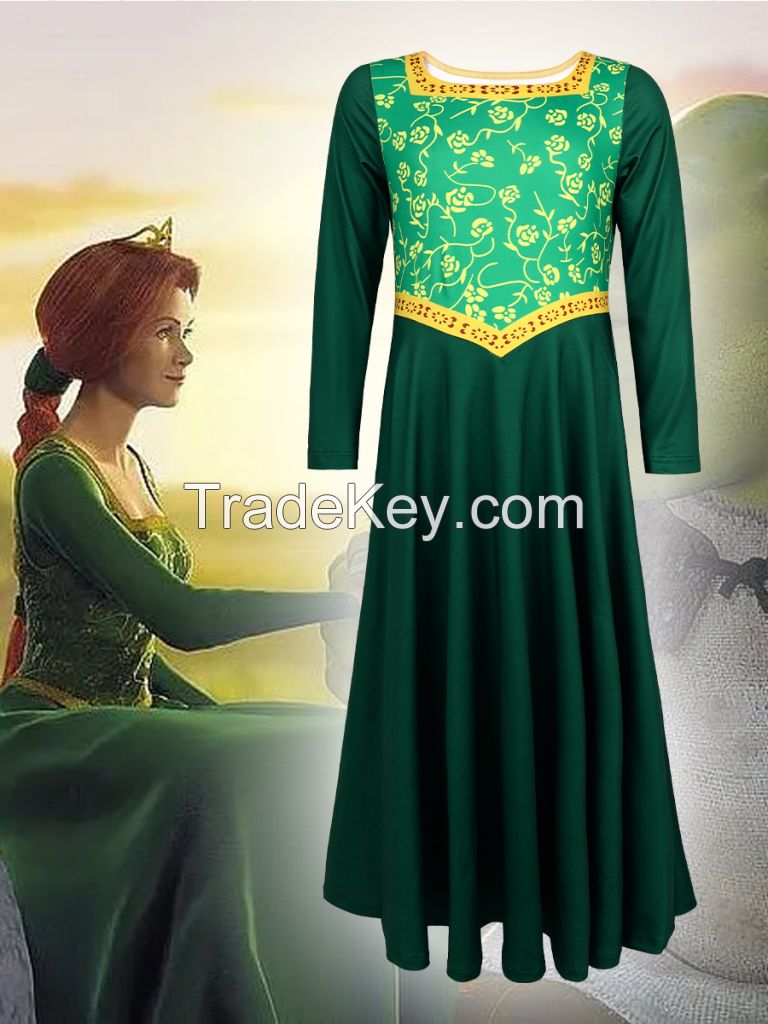 Halloween Shrek Monsters Princess Fiona Cosplay Costume Stage Performance Clothes Green Long Dress