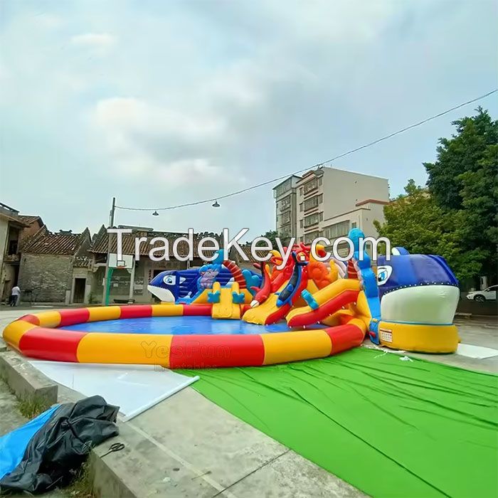 Commercial grade giant whale inflatable ground water park with big pool for kids and adults