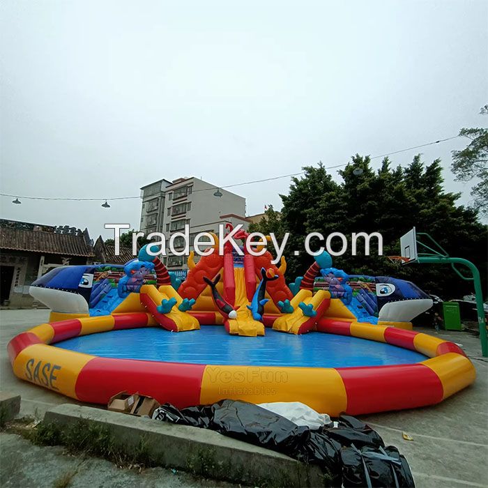 Commercial grade giant whale inflatable ground water park with big pool for kids and adults