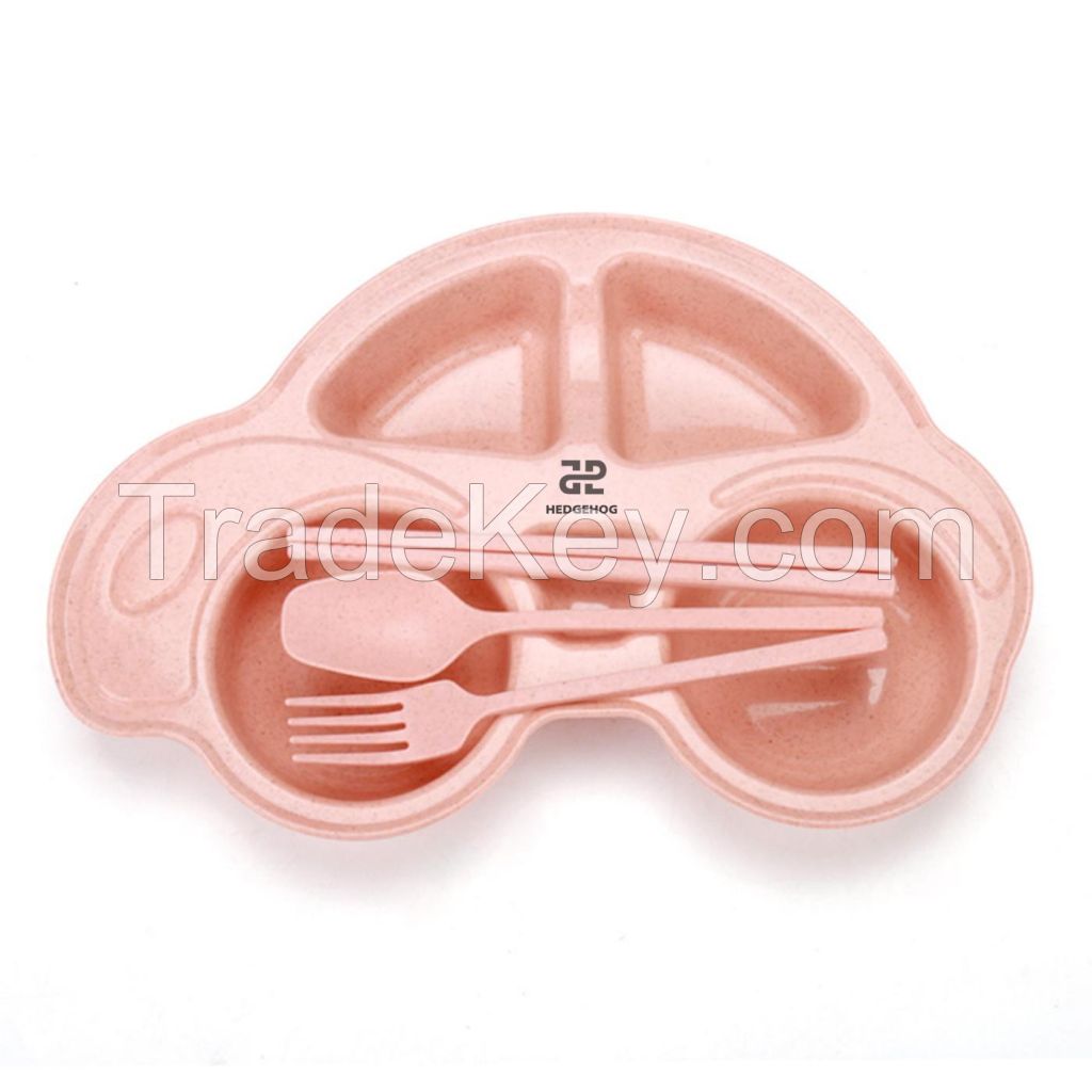 Wheat Straw Cartoon Car Toddler Plate With Cutlery Set