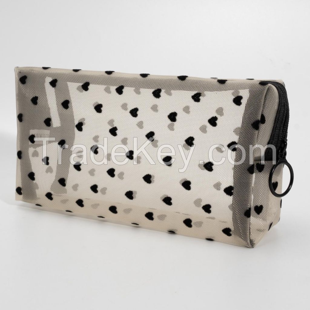 Heart Print Mesh Makeup Bag