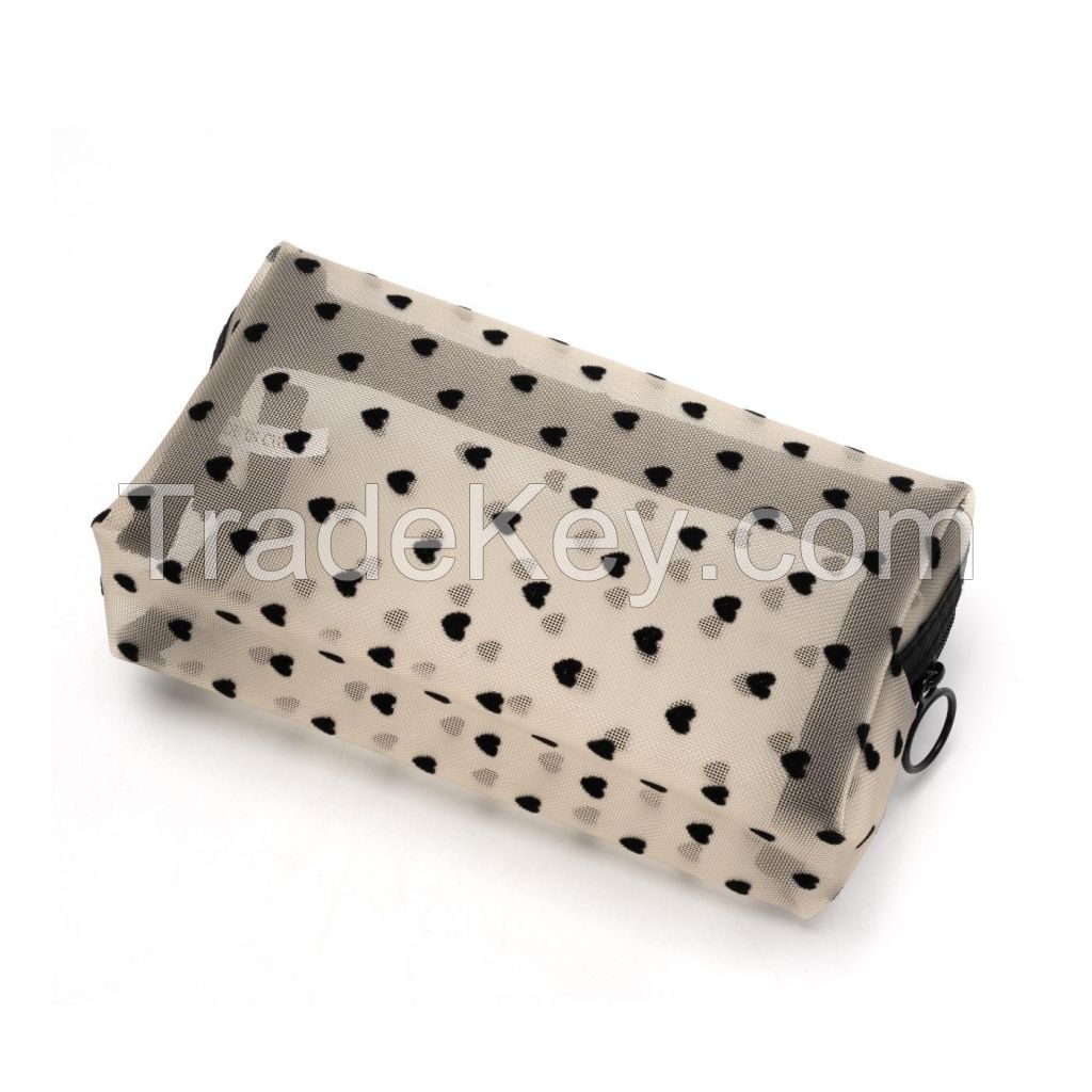 Heart Print Mesh Makeup Bag