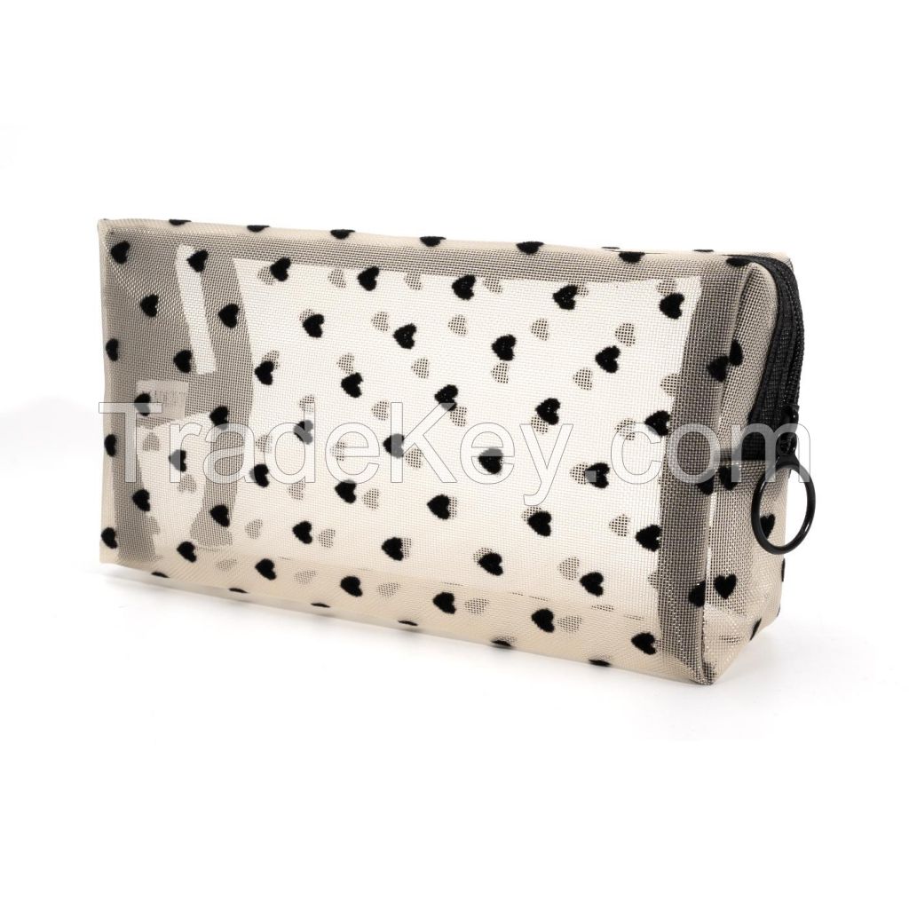 Heart Print Mesh Makeup Bag