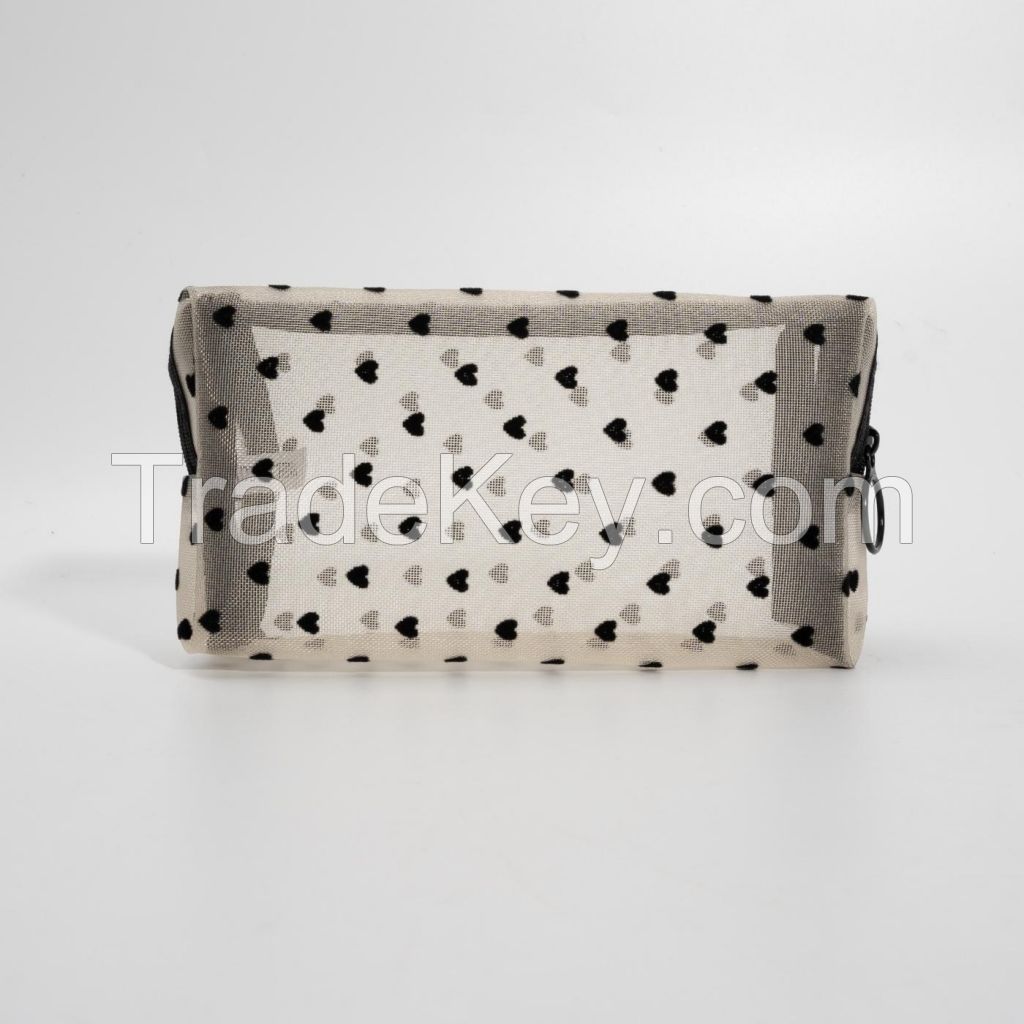 Heart Print Mesh Makeup Bag