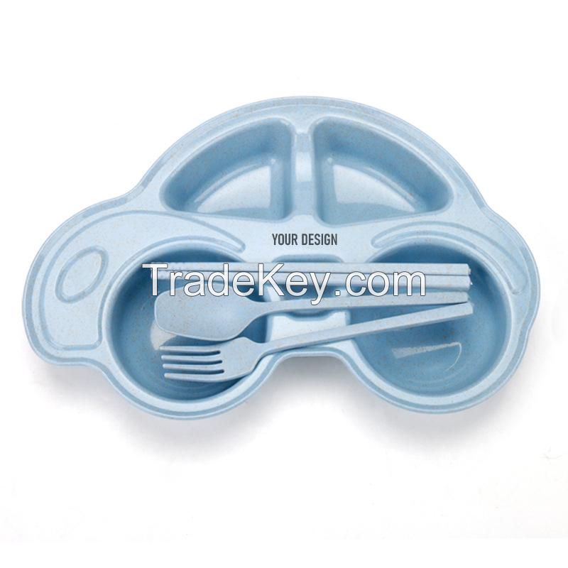 Wheat Straw Cartoon Car Toddler Plate With Cutlery Set