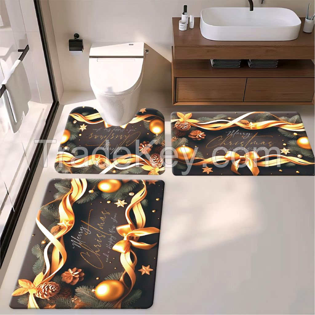 Christmas home deco bathroom Mat PU Leather Wear Resistance Bathroom Floor Mat No Stains Quick Drying Rubber Non-Slip Shower Mat 