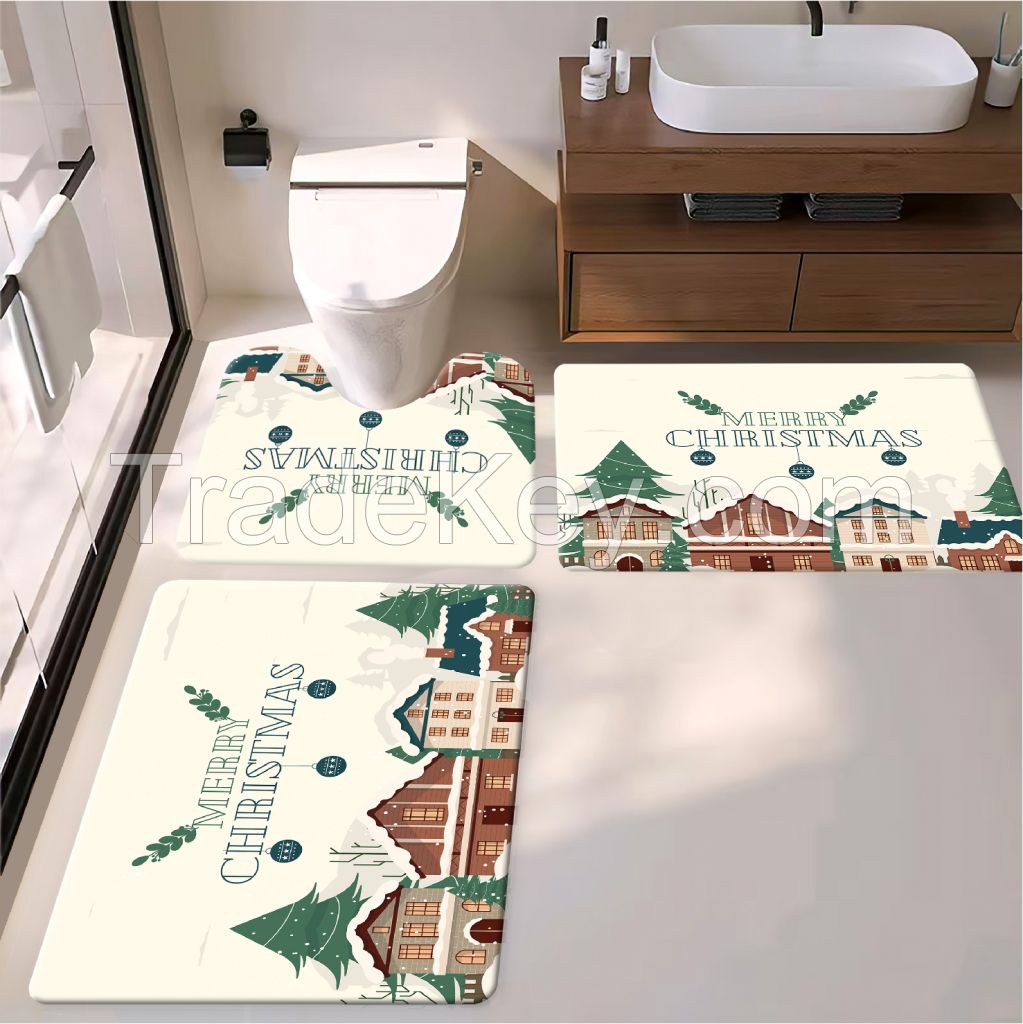 Christmas home deco bathroom Mat PU Leather Wear Resistance Bathroom Floor Mat No Stains Quick Drying Rubber Non-Slip Shower Mat 