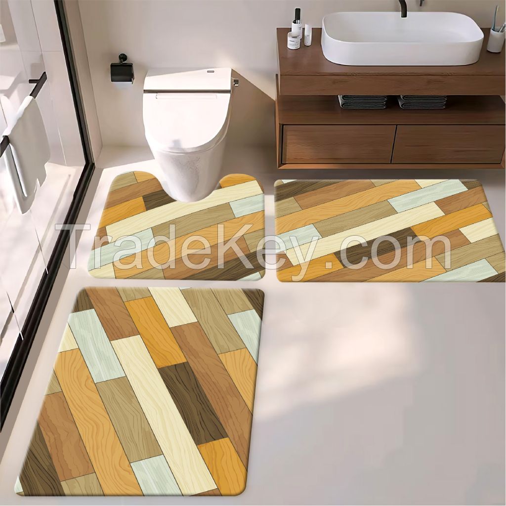 3pcs wooden floor style bath toiet Mat PU Leather Wear Resistance Bathroom Floor Mat No Stains Quick Drying Rubber Non-Slip Shower Mat 