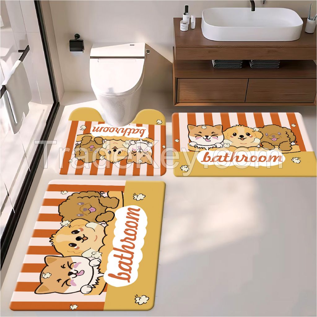 cute cartoon animal  style bath toiet Mat PU Leather Wear Resistance Bathroom Floor Mat No Stains Quick Drying Rubber Non-Slip Shower Mat 