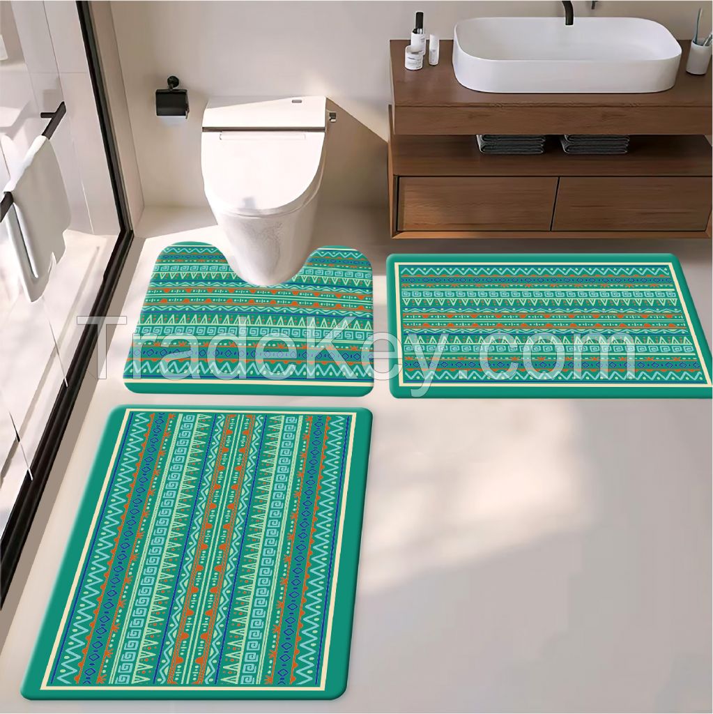 3pcs  bath toiet Mat PU Leather Wear Resistance Bathroom Floor Mat  Quick Drying Rubber Non-Slip Shower Mat 