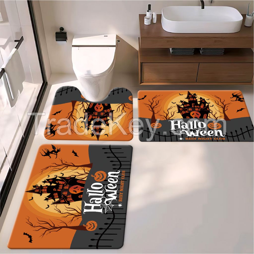 Halloween home deco  bath toiet Mat PU Leather Wear Resistance Bathroom Floor Mat No Stains Quick Drying Rubber Non-Slip Shower Mat 