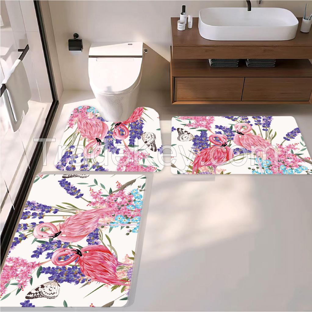 flower and sunset  bath toiet Mat PU Leather Wear Resistance Bathroom Floor Mat No Stains Quick Drying Rubber Non-Slip Shower Mat 