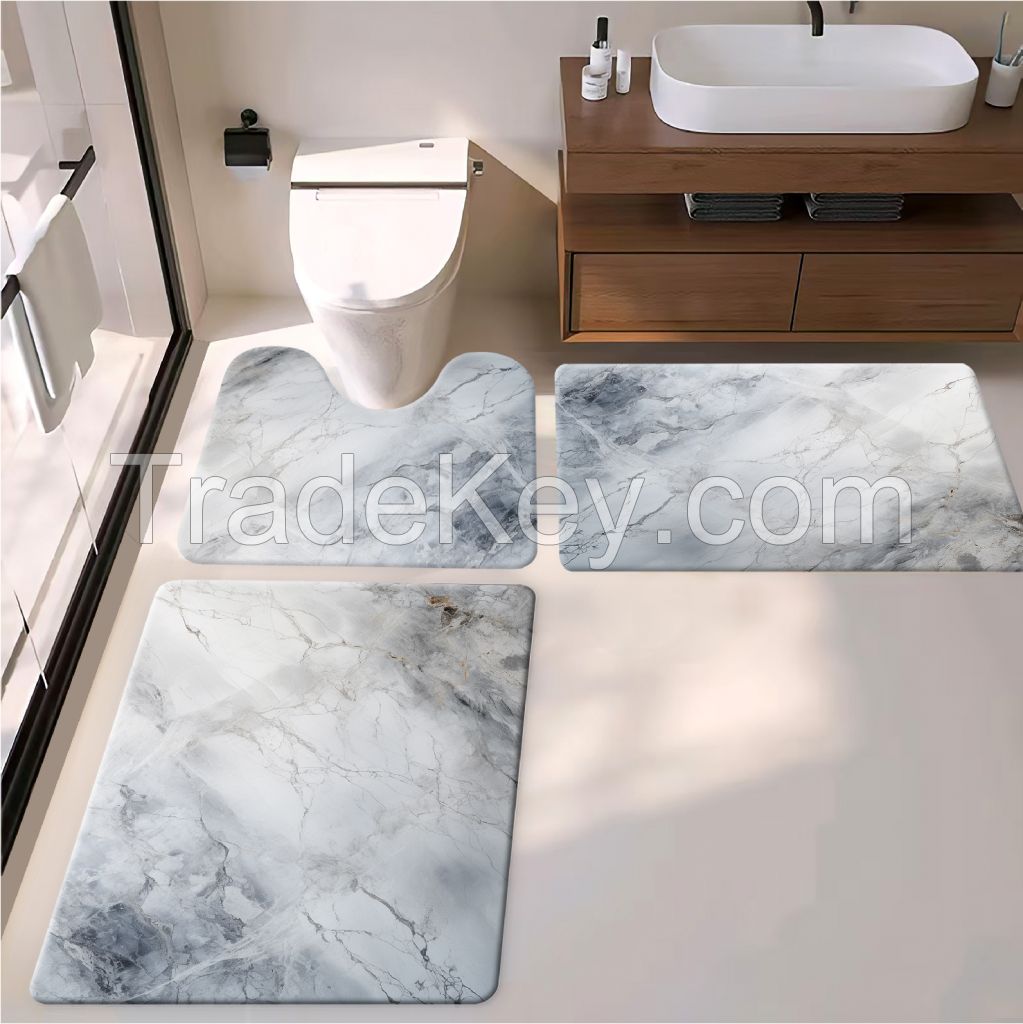 45*75cm/45*120cm black and white marble bath toiet Mat PU Leather Wear Resistance Bathroom Floor Mat No Stains Quick Drying Rubber Non-Slip Shower Mat 