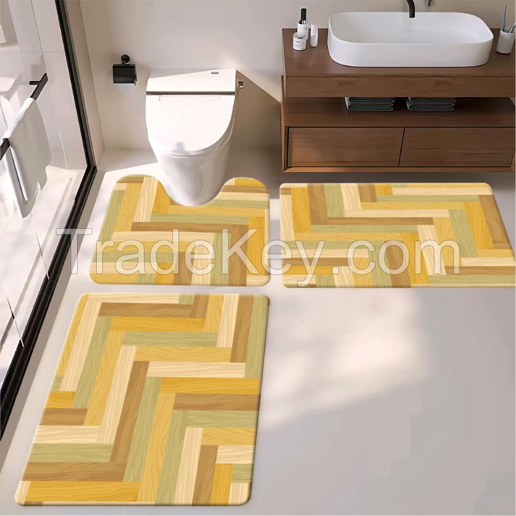 3pcs wooden floor style bath toiet Mat PU Leather Wear Resistance Bathroom Floor Mat No Stains Quick Drying Rubber Non-Slip Shower Mat 