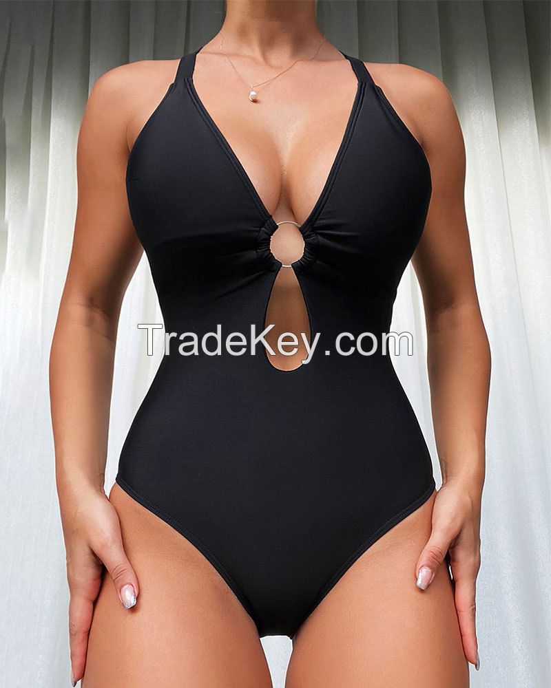 solid swimwear beachwear sexy custom Fashion jewelry trims women's swimsuit for swimming deep V neck 1 piece swimsuit