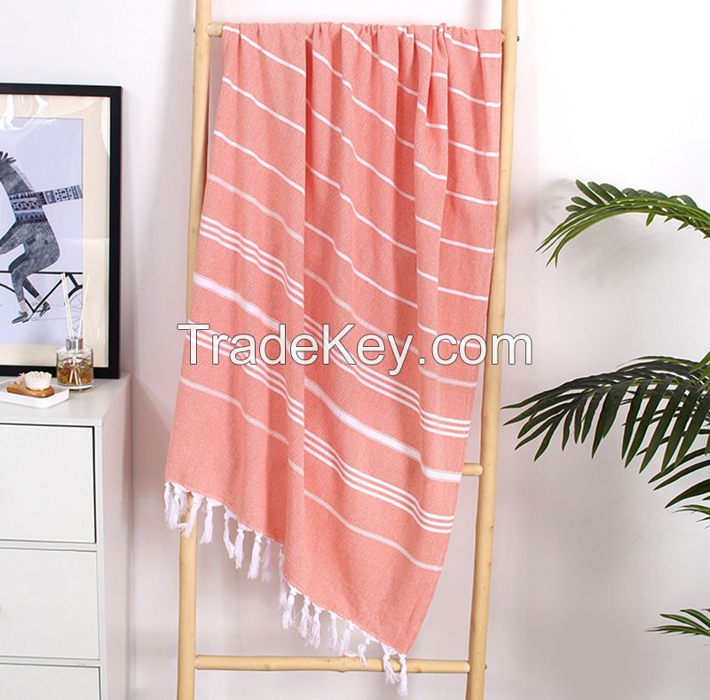 Custom cotton woven sand free Turkish multi color striped soft fouta beach towel with tassels