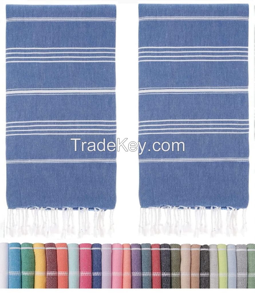 Custom cotton woven sand free Turkish multi color striped soft fouta beach towel with tassels