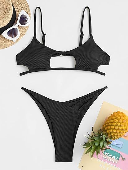 Women's Sexy Cutout Thong Bikini Set XS/Plus Size Two-Piece Swimsuit Tie Back Front Logo Print Push XXL Included Beach Bathing