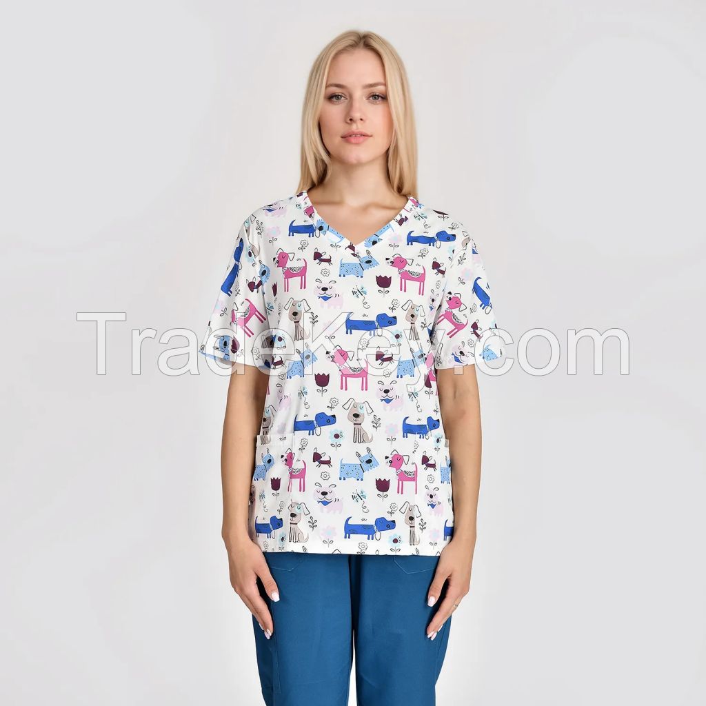 Fashion Women&#039;s V Neck Animal Printed Medical Scrubs Top SS001T