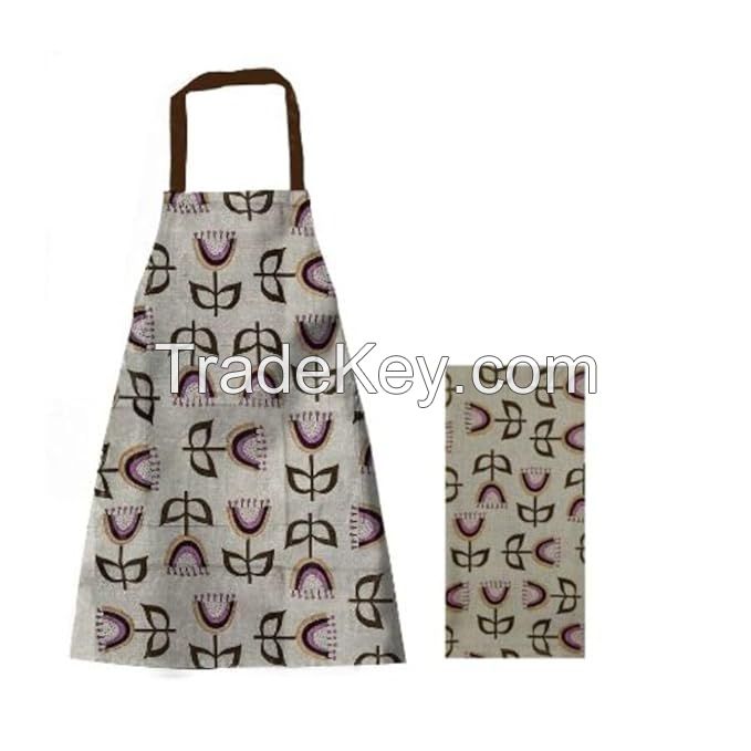 Recycled Cotton Floral design Kitchen Apron with Center Pocket Fee Size Unisex Apron