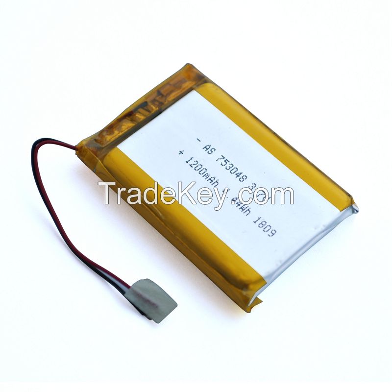 Rechargeable lithium battery 500 cycles UL/KC/CE Certified 753048 3.7v 1200mAh Lipo Li-polymer battery