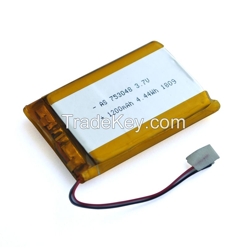 Rechargeable lithium battery 500 cycles UL/KC/CE Certified 753048 3.7v 1200mAh Lipo Li-polymer battery