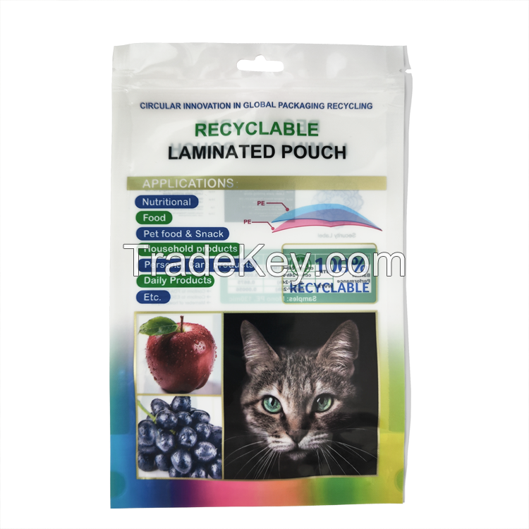 100% recyclable packaging Printing Plastic Bag made from a single type of materials Stand Up Pouch With Zipper For pet foods