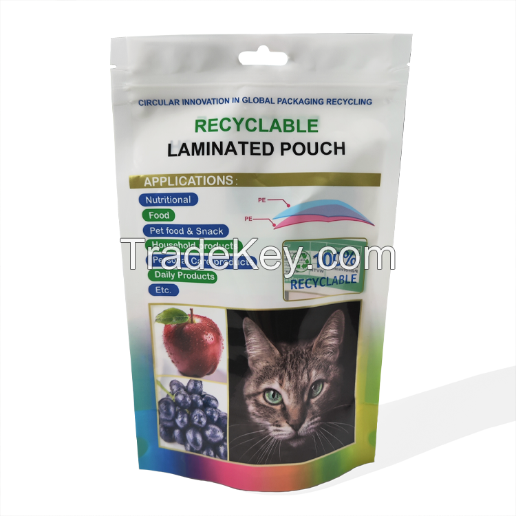 100% recyclable packaging Printing Plastic Bag made from a single type of materials Stand Up Pouch With Zipper For pet foods