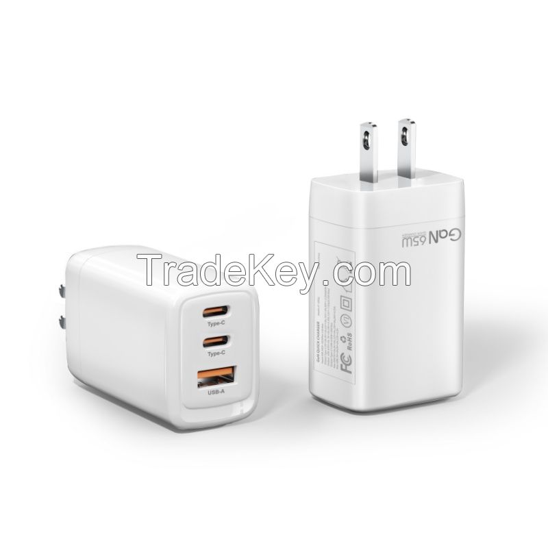 Quality GaN 65W Travel Charger USB C USB A Port PD 65W Fast Charging Small Mobile Phone Wall Charger