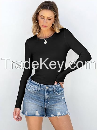 ANRABESS Women Long Sleeve Crewneck Rib Knit Slim Fit Shirts Basic Tee Tops 2025 Casual T-Shirt Going Out Workout Outfits
