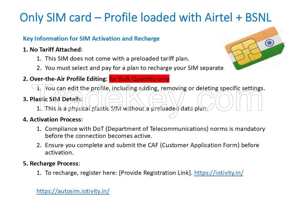 IoTivity Multi Operator M2M / IOT SIM Cards (not for mobile phone) for Indian Domestic Network (BSNL+Airtel)