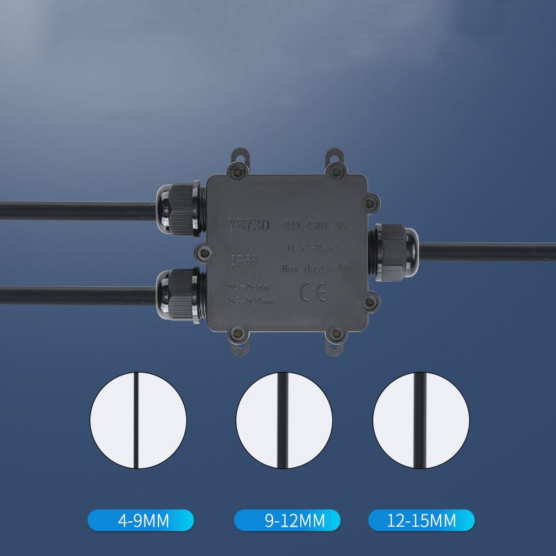 IP68 Plastic Waterproof Junction Box, YB730 Three-way Waterproof Junction Box, Outdoor Junction Box with One Inlet and Two Outlets and Terminal Blocks 