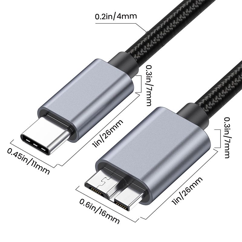 5V 3A Metal Shell with Cotton Mesh, 5GB Transmission Speed USB Type-C to Micro B Connection Cable for Hard Drives and Computers 