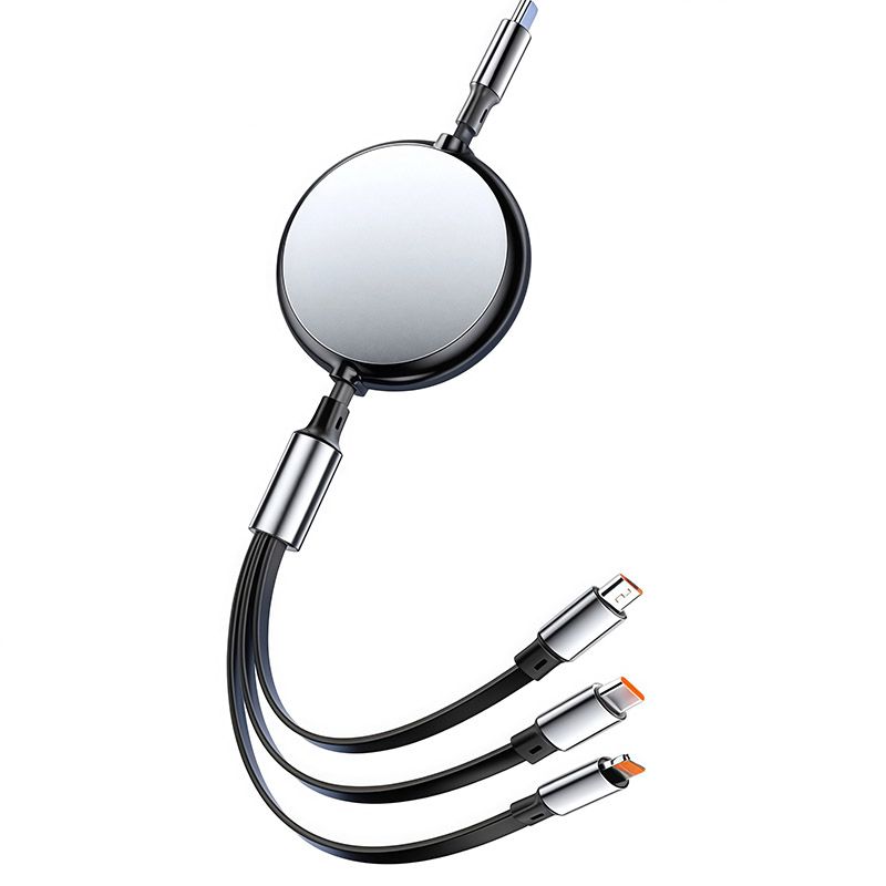 Round Type-C Port Aluminum Shell 100W Fast Charging Telescopic Three-in-one Multifunctional Fast Charging In-vehicle 6A Telescopic Storage Data Cable