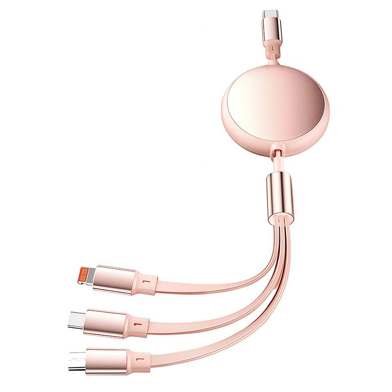 Round Type-C Port Aluminum Shell 100W Fast Charging Telescopic Three-in-one Multifunctional Fast Charging In-vehicle 6A Telescopic Storage Data Cable
