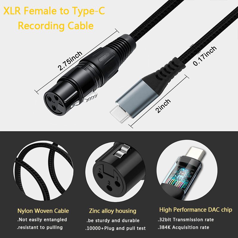 XLR to USB-C Pure Copper Shielded Audio Cable - Microphone Recording Cable, Compatible with iPhone and MAC
