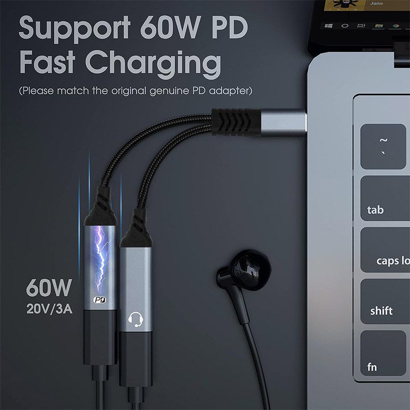TYPE-C Headphone Splitter Cable - Y-Type 1-to-2 Audio Cable with PD60W Fast Charging, Suitable for Mobile Phones, Computers and Tablets