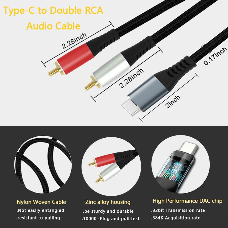 Dual RCA to TYPE-C Audio Cable - Suitable for Connecting Mobile Phones/Computers to Sound Cards/Speakers, USB-C to RCA