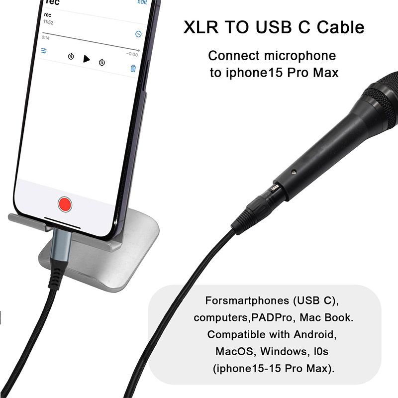 XLR to USB-C Pure Copper Shielded Audio Cable - Microphone Recording Cable, Compatible with iPhone and MAC