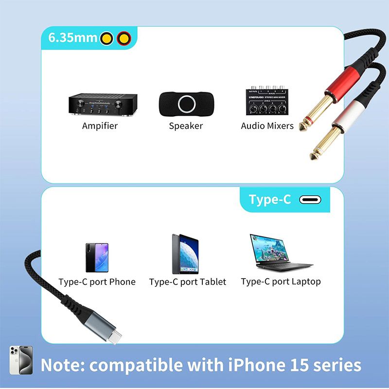 type-c to Dual 6.35mm Audio Cable - Suitable for Sound Cards/Mixers, Compatible with Mobile Phones/Computers/Tablets Connection Cable