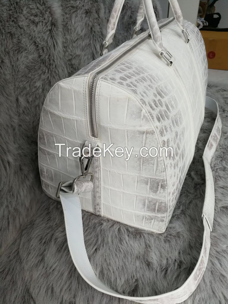 Genuine Belly Crocodile Leather Luggage Bag / Duffle Bags for Men in White Himalayan Crocodile Skin
