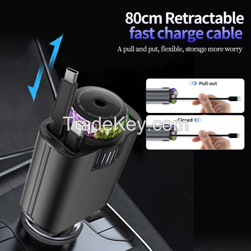 5-in-1 PD45W Car Fast Charger USB Type-C Power Adapter Retractable Phone Charger With Roof Starlight Aromatherapy For IOS Androi