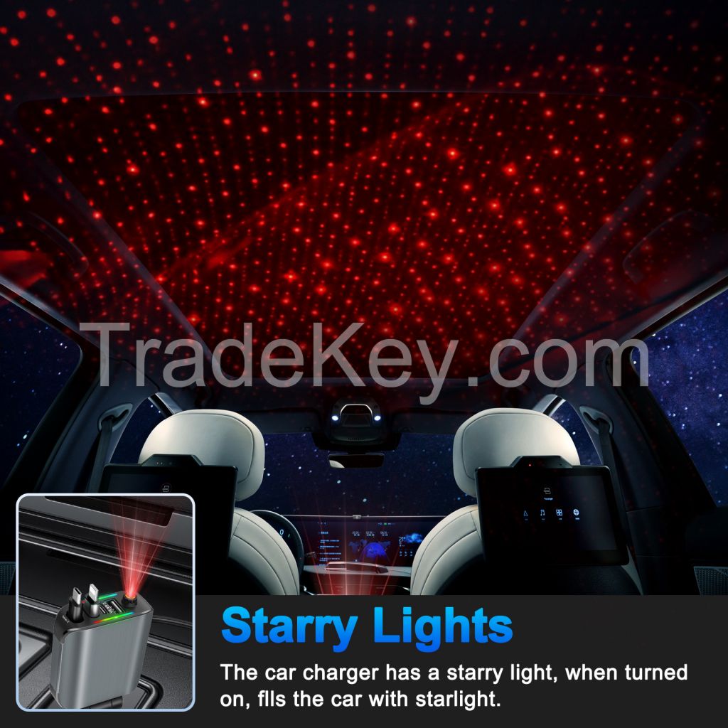 Upgraded 120W Retractable USB C Car Charger,New Starry Sky 4 in 1 Starlight Projection in Car Fast Charging Car Charger Adapter