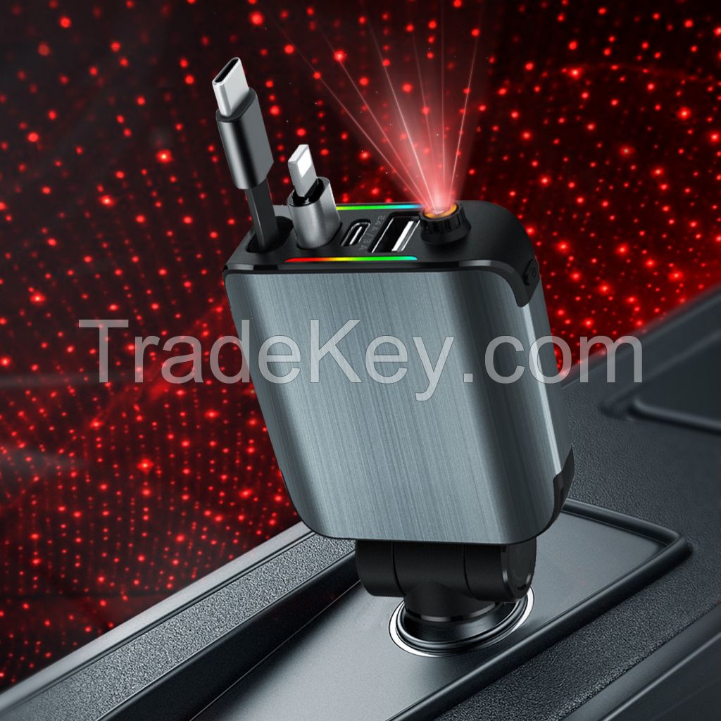 Upgraded 120W Retractable USB C Car Charger,New Starry Sky 4 in 1 Starlight Projection in Car Fast Charging Car Charger Adapter