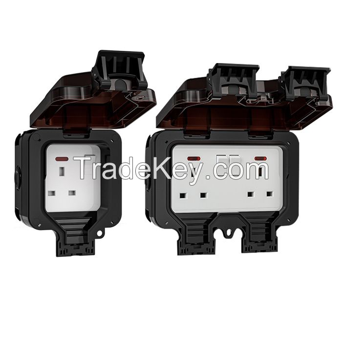Outdoor Waterproof Socket  British Style IP66 Dustproof, Flame Retardant, Corrosion-Resistant Electrical Outlet | UK/EU Standard, Multi-Specification, Industrial Use,Heavy-Duty for Garden, Patio, Garage