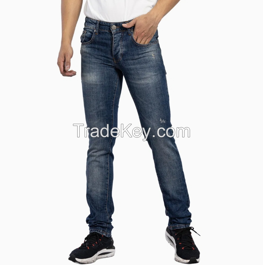 Custom Fashionable Eruopean Blue Washed Denim Ripped Design Casual Men Jeans