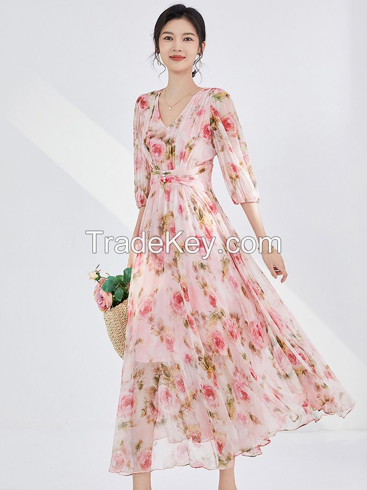 Silk Floral Dress - French Tea Style Summer Maxi Dress
