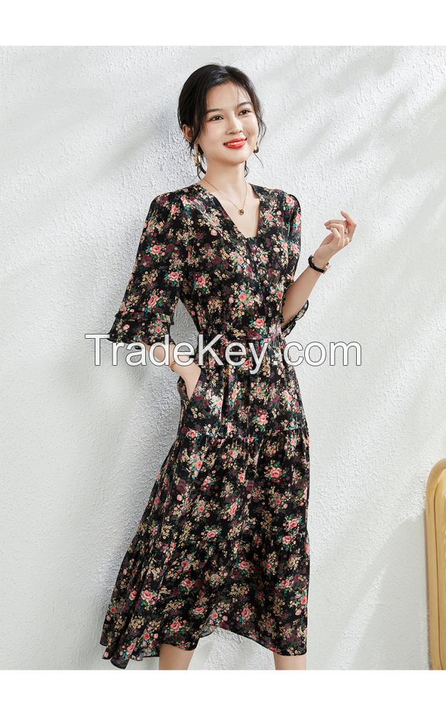Women's Silk Floral Dress - French Style Summer Maxi Dress