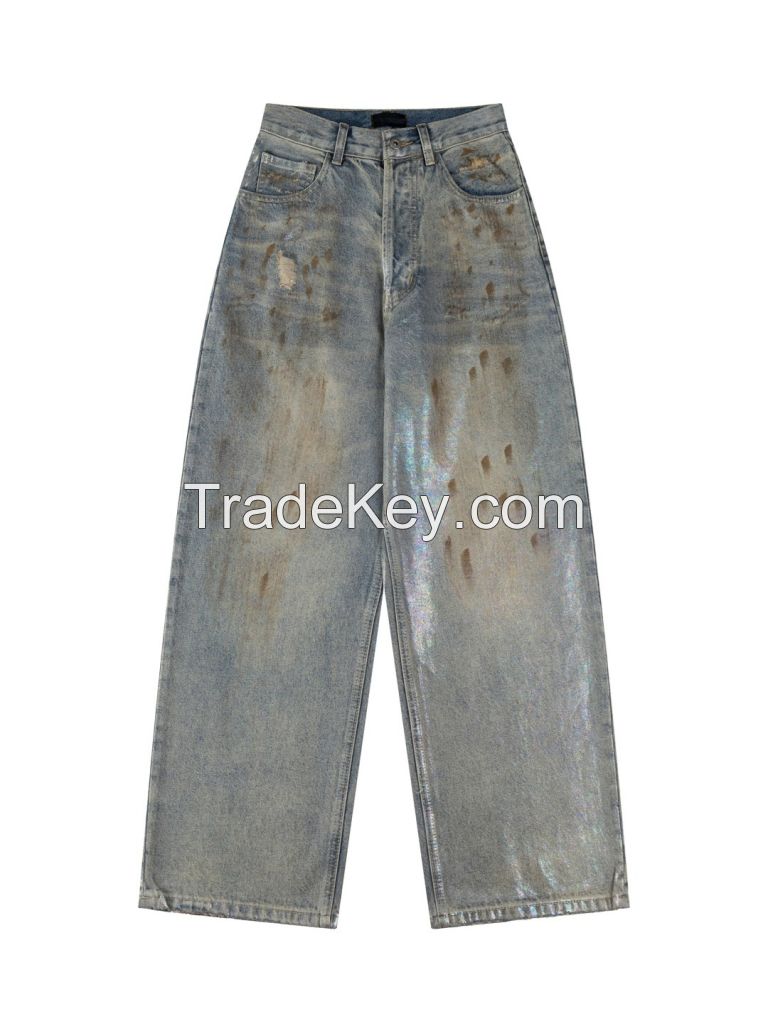 High-Quality Iridescent Coated Jeans  Unisex Straight Leg Spring Style